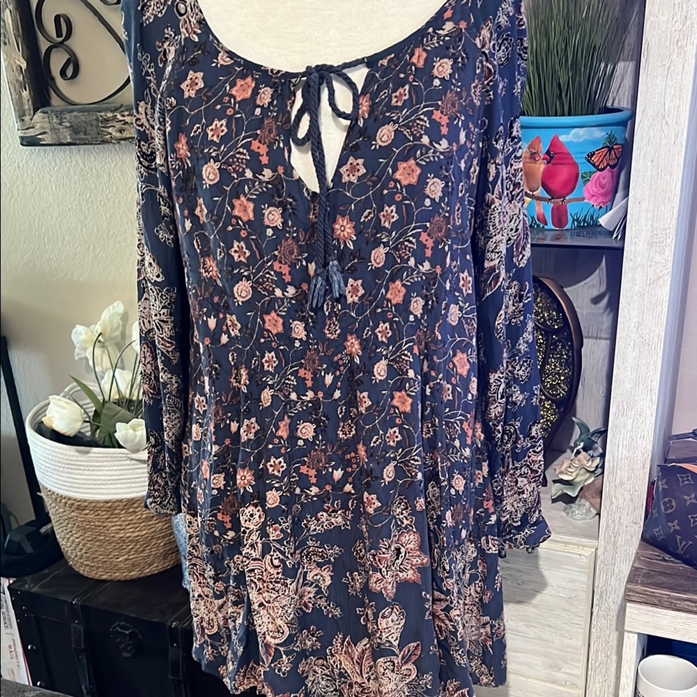 Free People Blue and Orange Bell Sleeve Tunic size S